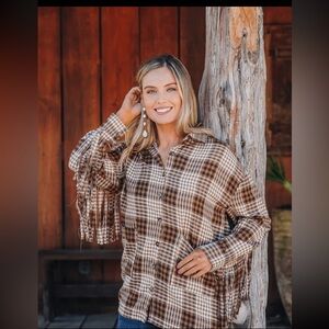 064. Plaid fringe button front shacket in brown